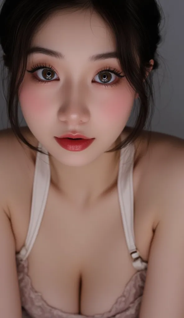 ((Best Quality, 8K, Masterpiece: 1.3)), perfect korean e-girl streamer makeup, plain thick black long sleeved tank top that emphasize perfect lined cleavage, cleavage line is slightly exposed, beautiful tits, amazing breast enhancement, refresh, hard blush...