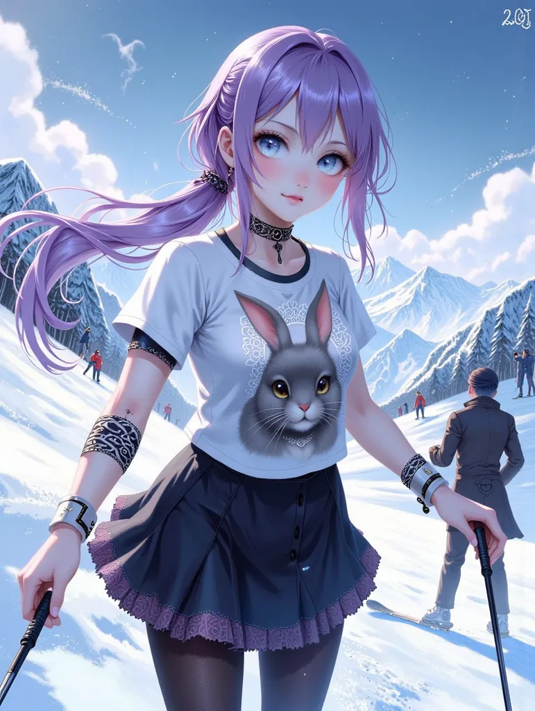 (realistic on the hand, top quality, Highest resolution , anatomically precise, accurate hands, accurate hands가락), full body photo, lovely boobs, ( purple hair  : 2.0,  silver eyes : 2.0), Long waist-length ponytail, Tight shirt with a picture of a rabbit,...