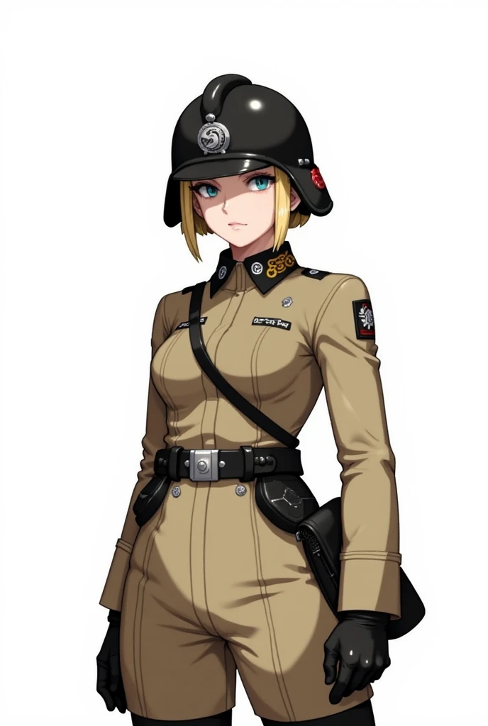 White background, full body, Stylized female nazi soldier, world war, blonde hair soldier using a helmet in the head and bege clothing.