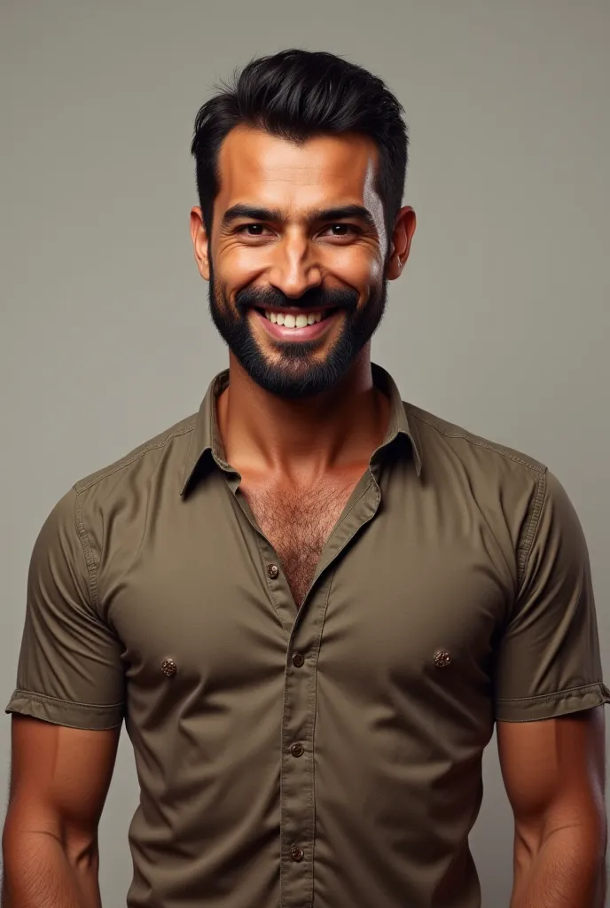 Turkish handsome bearded man smile viril tight shirt  plump  beefy dark skin 