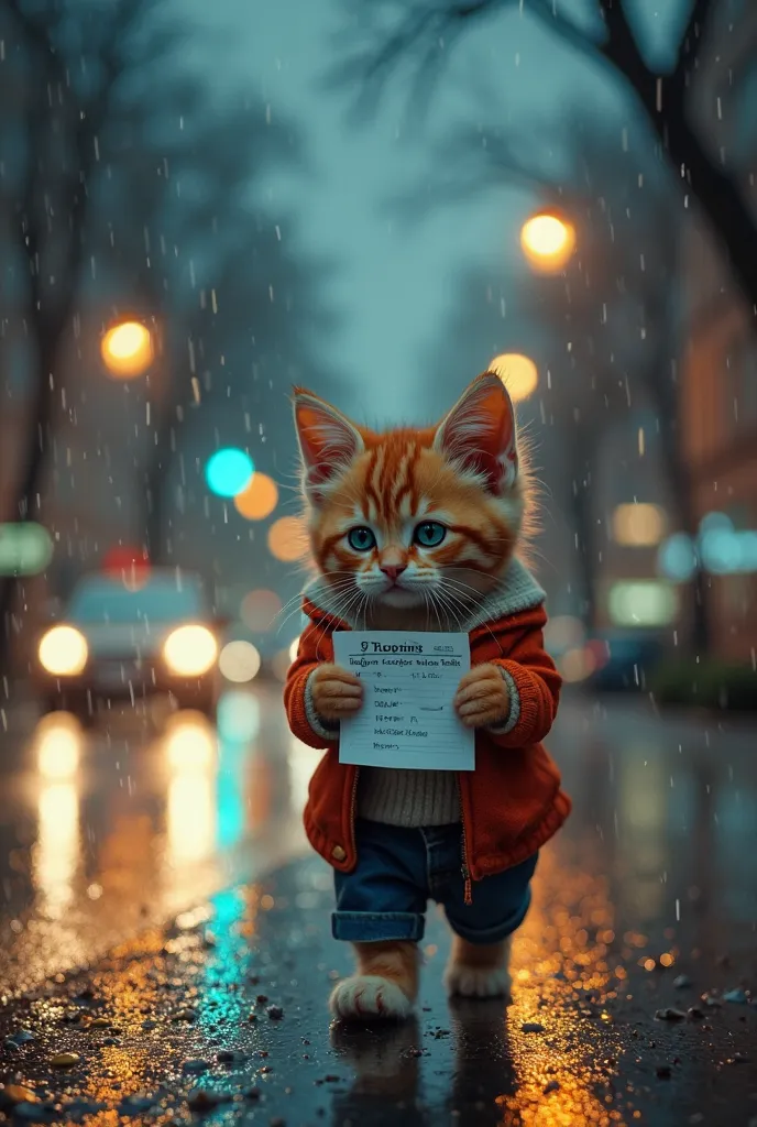 A cute, sad kitten wearing school clothes walks alone on a rainy city street, holding a bad report card and crying. Cars pass by as streetlights reflect on the wet road, creating a melancholic and cinematic atmosphere."

