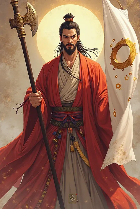 a man in a red robe holding a white banner with a gold ring on it, concept art inspired by Kanō Shōsenin, pixiv contest winner, sōsaku hanga, the ring of three wishes, official art, the magical ring of three wishes, from three kingdoms, official artwork, a...