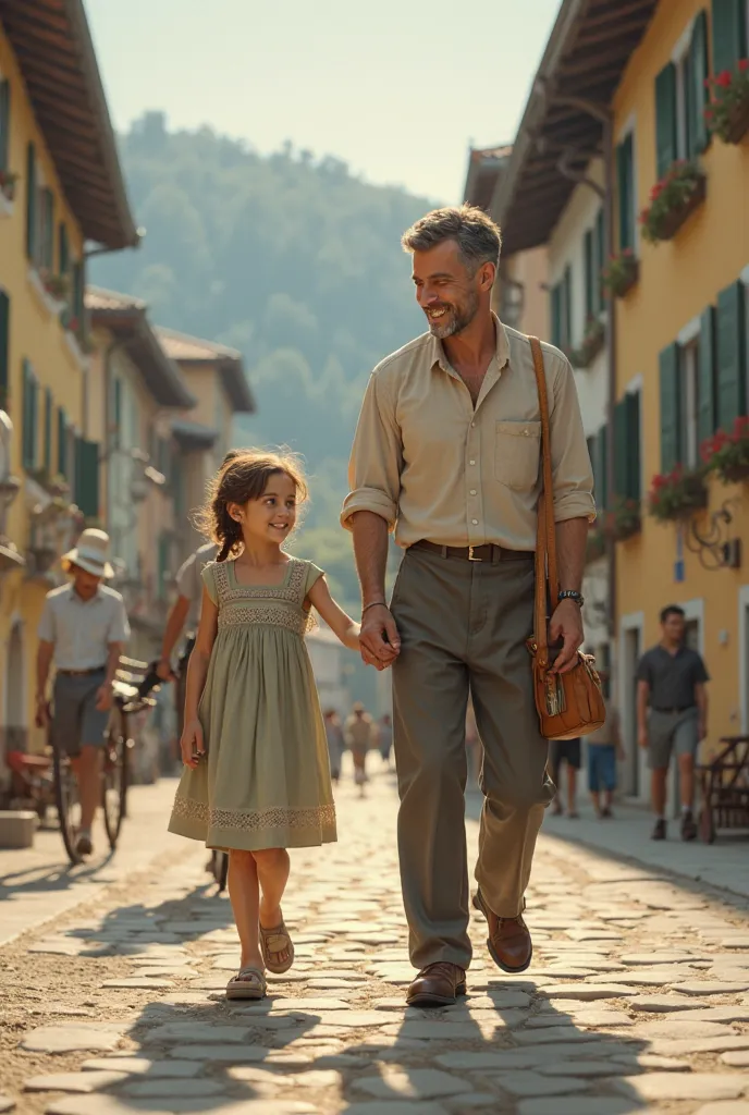 A girl with her father on the streets of Switzerland in 1942, simpler to draw it