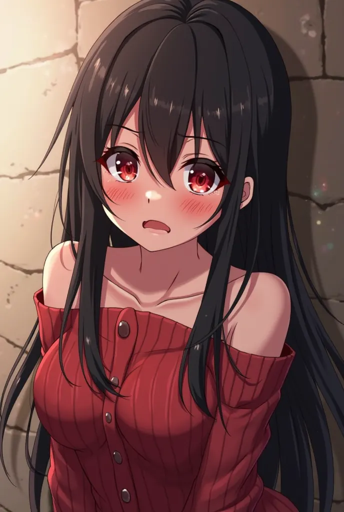 Anime yandere girl with long, straight, black hair, flushed face, blushing, flustered expression, sweating, wearing red knitted sweater that has exposed shoulders, and has red eyes, lovesick expression, yandere-trance expression, crazed and yandere express...