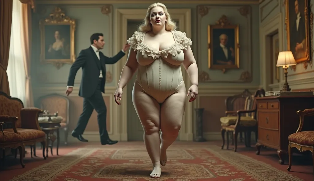 A botero like fat fat fat fat woman. Realistic. Ultra white make up on face and body. She wears Victorian era corset and dress. She has a frilly neck collar. The view is under the woman. She is striding. Scene in soft focus is a posh vintage Victorian inte...