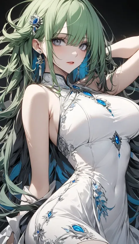 8k resolution, Masterpiece, Master work, perfect proportion, semi realistic, from bottom, 1woman, busty, breasts apart:1.2, small face, scary and beautiful, mad green hair:1.3, gray eyes, empty expression:1.2, The art style is modern and elegant, outlines ...