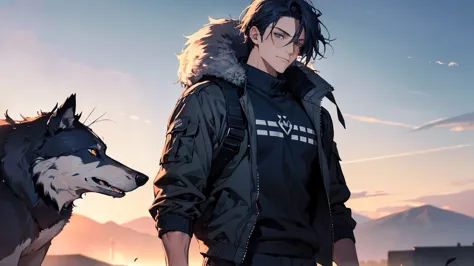 (Best quality, High resolution, Very high definition), abstract, masculine, dark blue hair, 30 years old, dark blue eyes, jacket, sweater, cargo pants, dark blue gaze, calm, quiet, gentle smile, observatory, carrying wolf, with wolf, dawn
