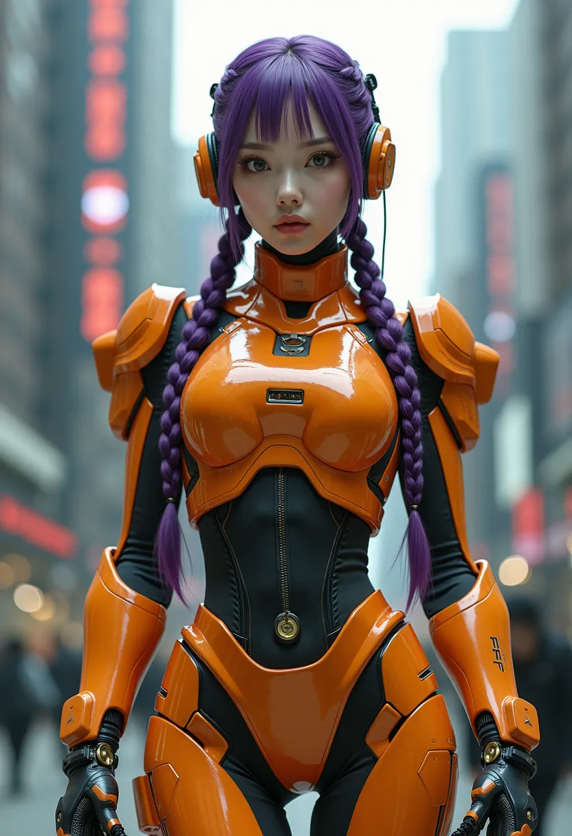 Full-length hyperrealistic portrait of a Korean cyborg woman in a futuristic urban environment, wearing high-tech biomechanical armor in bright orange and gold tones. Her face, with delicate and expressive features, maintains a penetrating and human gaze, ...