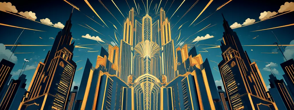 (1920 movie poster style) close up art deco style illustration of a Bold and golden text viewed from below that say "NOW SHOWING" rising over the buildings, with reflectors pointed to them, dark blue color