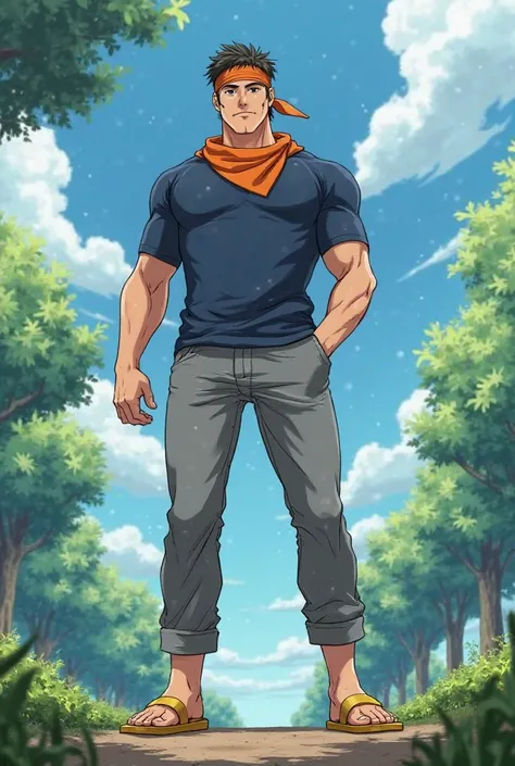 Strong Man, tall, less chubby, muscular, in anime, wearing his orange bandana around his head, wearing his Navy-blue shirt, gray pants, bronze yellow sandals, at the park, he stomps on me with his feet, view from the bottom