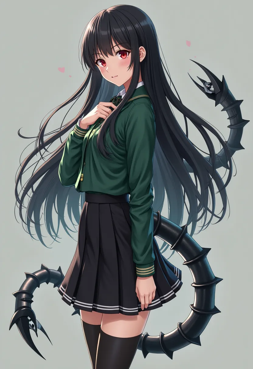 18 year old girl with long black hair to the waist、,Fair skin in red eyes,  in、with a green uniform、was wearing a black skirt with a white line on the hem。,  black thigh-length stockings and black shoes、And a long black scorpion tail  (  Anime version  )