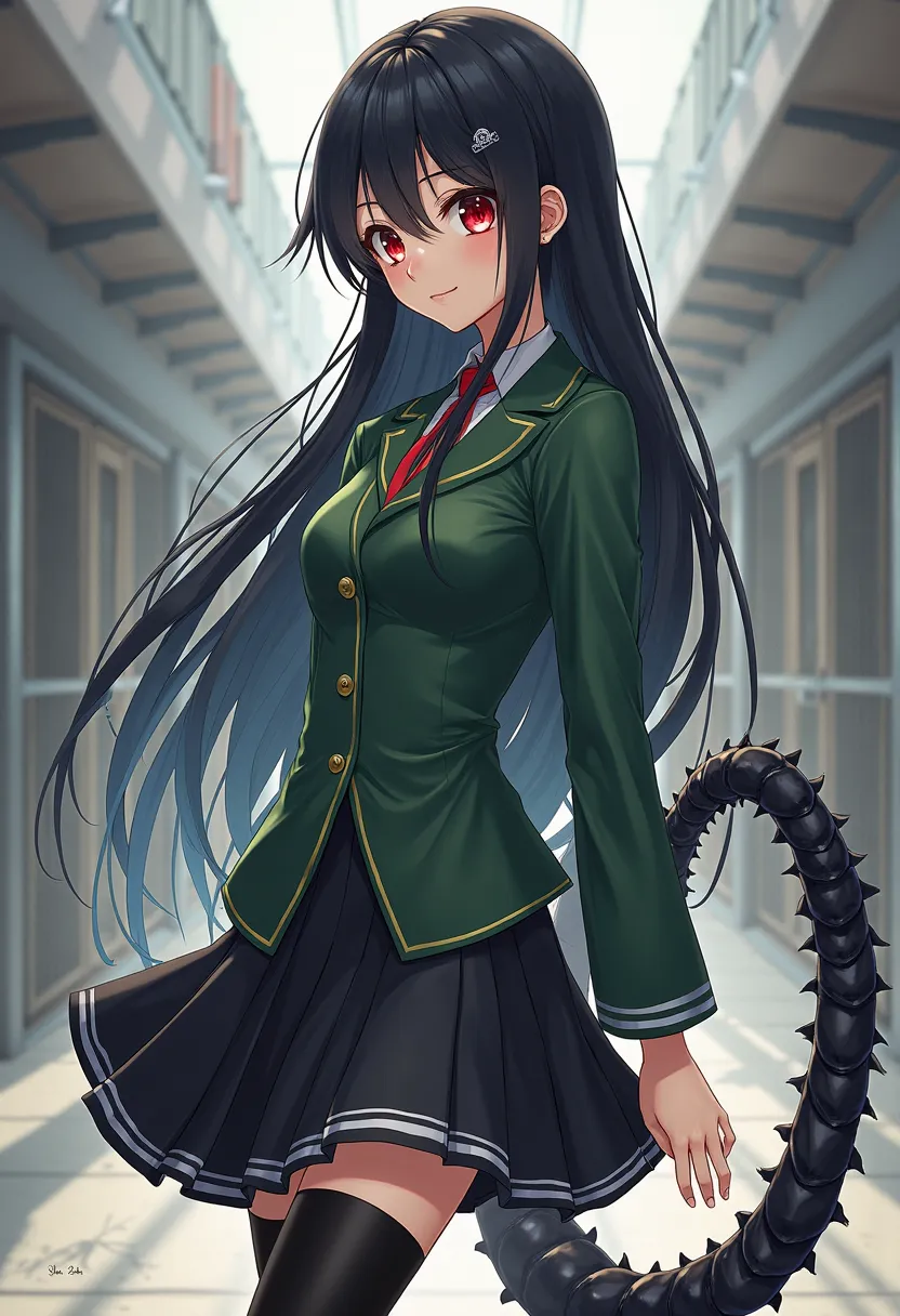 18 year old girl with long black hair to the waist、,Fair skin in red eyes,  in、with a green uniform、was wearing a black skirt with a white line on the hem。,  black thigh-length stockings and black shoes、And a long black scorpion tail  (  Anime version  )