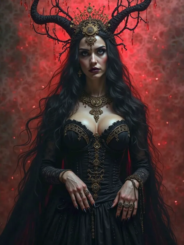 A powerful and enigmatic dark queen stands in a storm of swirling shadows, her piercing silver eyes glowing against the eerie red mist behind her. Her long, flowing black hair merges with the darkness, forming twisted, ethereal tendrils that seem alive. He...