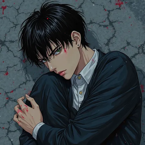 impasto, cool manga style, high quality, extremely detailed, extremely delicate line, amazing color, masterpiece, 1 man, tall, mascular, handsome, black hair, sharp eyes, lower-sanpaku eyes, slightly parted lips, handsome, fashionable clothes, lying on the...