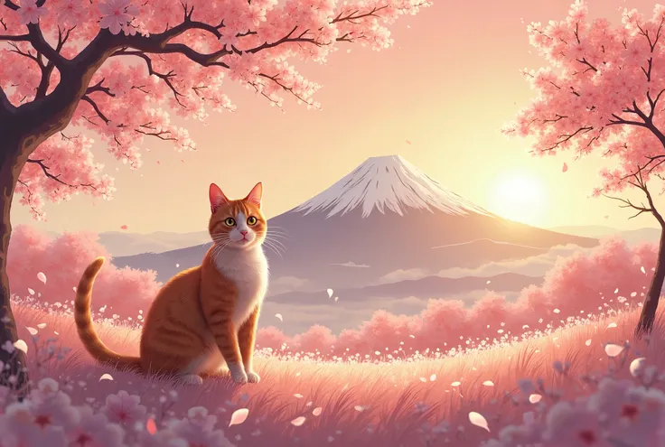  Cherry Blossom Trees in Full Bloom,  Mount Fuji, sunset. cat