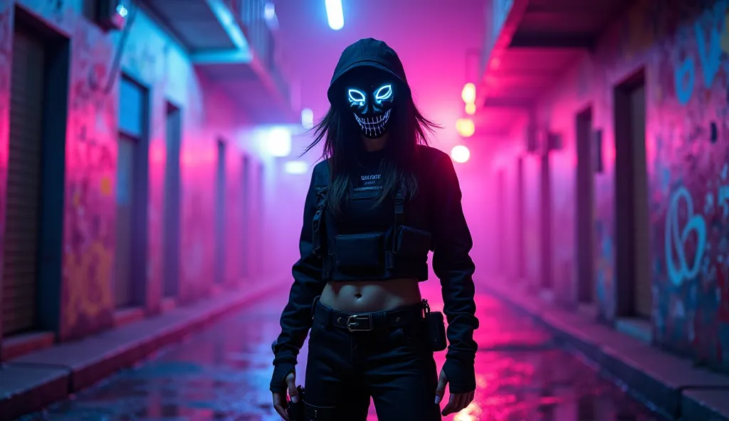 A hyper-realistic, aggressive Brazilian Phonk album cover featuring a mysterious, masked woman with intense glowing eyes. She stands in a dark urban alley at night, illuminated by neon lights in deep purples and blues. Her outfit is a mix of streetwear and...