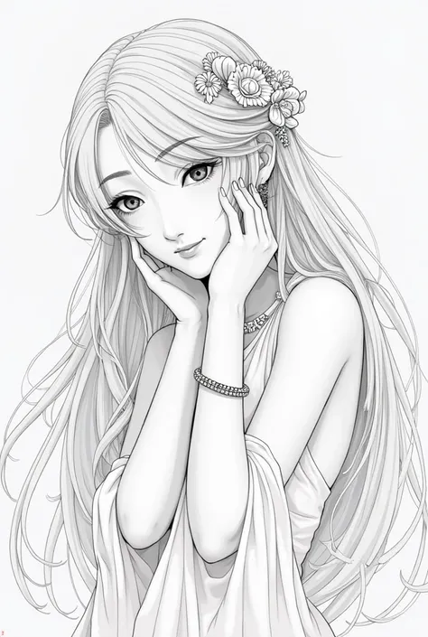 masterpiece,bestquality,1girl,solo,long_hair,looking_away,smile,dress,jewelry,very_long_hair,hair_ribbon,flower,bracelet,hand_on_own_face,head_rest,hand_on_own_cheek,lineart,monochrome,