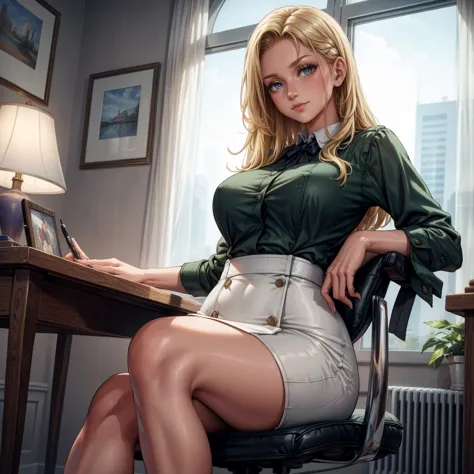 Masterpiece, beautiful art, 8k, art style by sciamano240, very detailed face, detailed hair, detailed clothes, detailed fabric, 1girl, beautiful face, long hair, blonde hair, model head shot, facing camera, very detailed green eyes, sultry smile, wearing c...