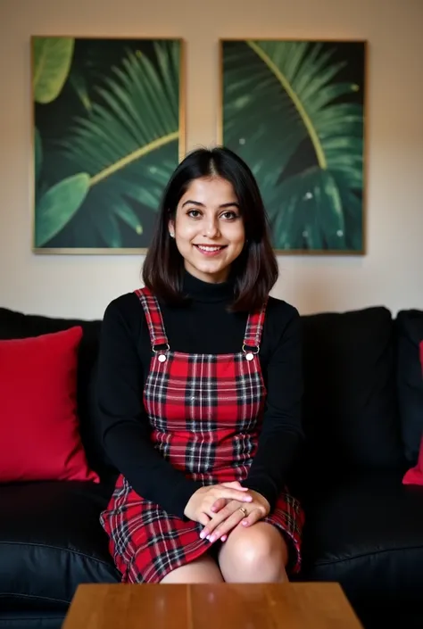 The image is a portrait of a young woman sitting on a black couch in a living room. She is wearing a black turtleneck sweater and a plaid pinafore dress. She has shoulder-length dark hair and is smiling at the camera. Behind her, there are two large painti...