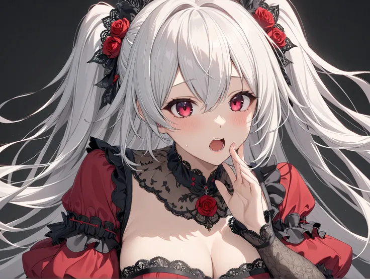 (Highest quality,  masterpiece,  super precise, Hi-Res), 8k,  Anatomically Accurate Body , Nightcore, red dress,  Gothic Maiden anime girl , White-haired goddess, beautiful charming anime woman, simple background,  face the front,  from the front, beautifu...