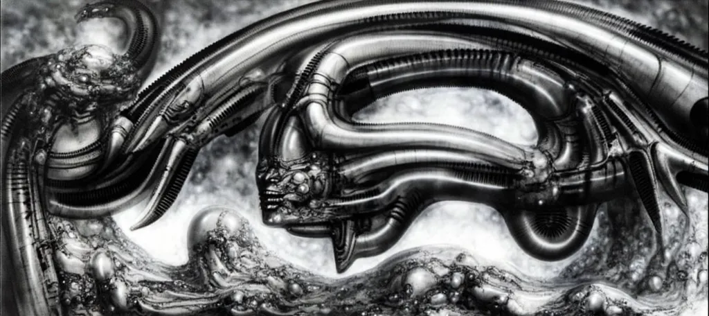 Please reproduce the original image as accurately as possible, capturing the intricate details of the biomechanical structures, the dramatic lighting, and the overall sense of unease. Find and enhance depiction of Giger's demons and creatures.(best quality...