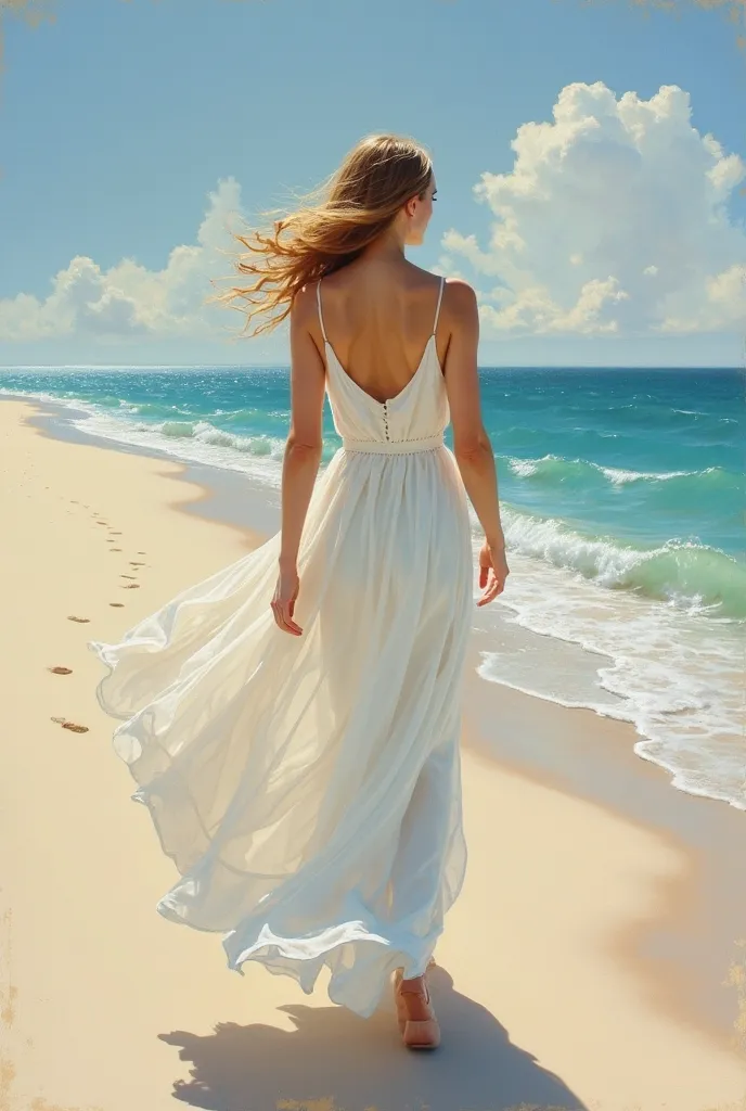  A WOMAN IN A WHITE DRESS IS WALKING ALONG THE BEACH, painting by Stephen Bone, tumblr, Romanticism, sundress, wearing  dress a stunning ivory dress ,  loose white dress , beautiful  long white dress,  flowing dress ,  long white dress,  dress a stunning i...