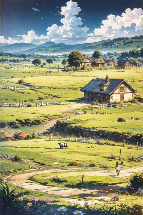 Running ren,  Detailed Clouds , Field,  cows grazing , flower, House in the distance ,  fence