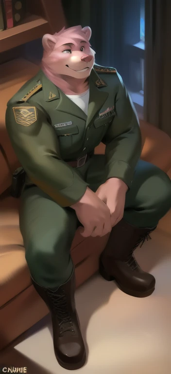  alone,  man big tall , Sitting inside ., in wardrobe , pink bear  ,black Green military Army uniform ,  wearing boots ,  heavy overload,  muscle,  smirking , by chunie 