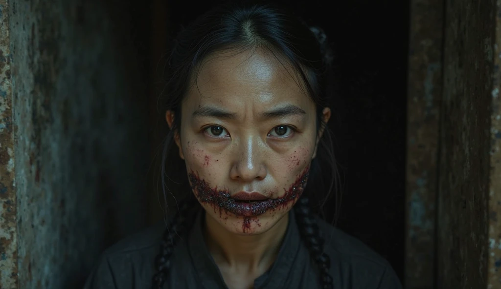 Create a full HD photo of a terrifying Chinese woman with a scar all the way down her mouth