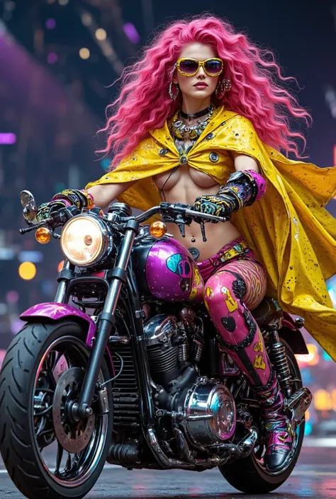 Wear a yellow cape with a psychedelic pattern、A long-haired, freckled woman with pink curly hair in mechanical cyberpunk fashion, gorgeous large accessories - and flashy eye makeup is riding a psychedelic, mechanical cyberpunk motorcycle