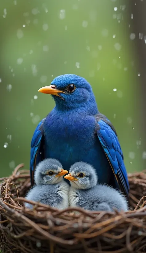 A bright cobalt bluebird protecting its chicks with its wings as protection in the nest during a light rain, conveys a sense of protective love and serenity, the blurred green background suggests a forest; visible raindrops; slightly desaturate to improve ...