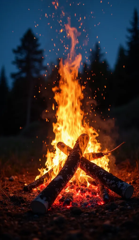 "A mesmerizing campfire burning brightly under the night sky, with golden flames twisting and reaching upwards. Glowing embers and sparks rise into the cool evening air, illuminating the surrounding area with a warm, flickering glow. The firewood crackles,...