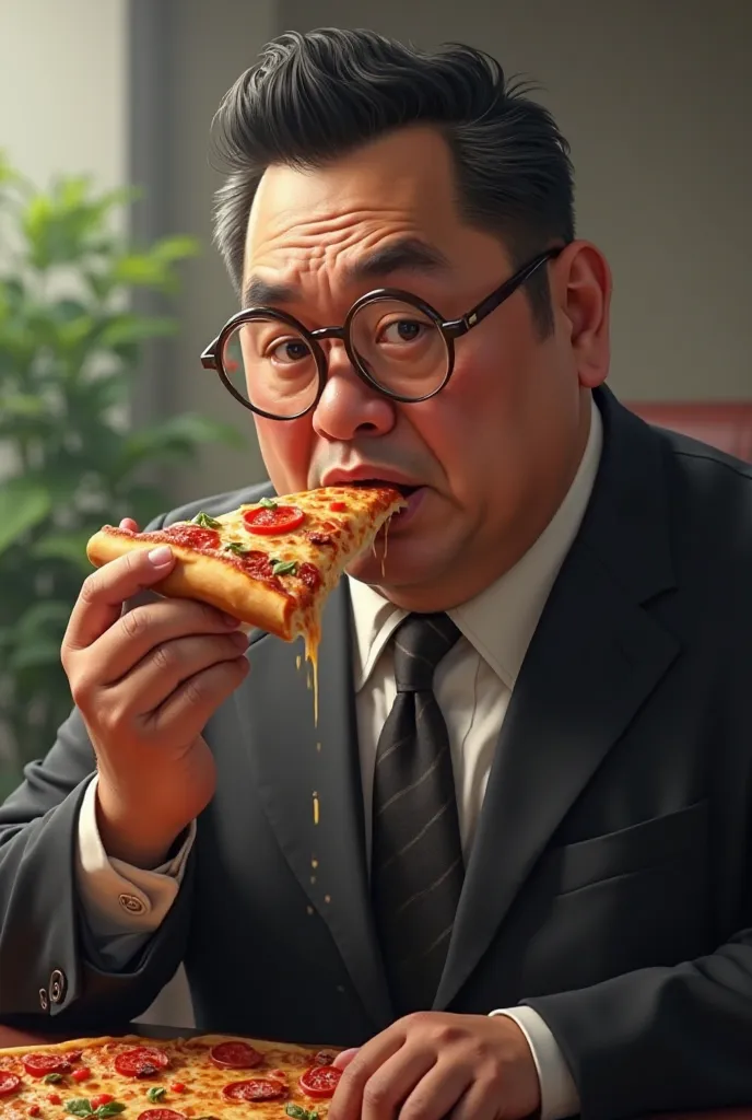 Kuya Gerome eating pizza, He is a bit chubby and Filipino with glasses and a black suit and tie