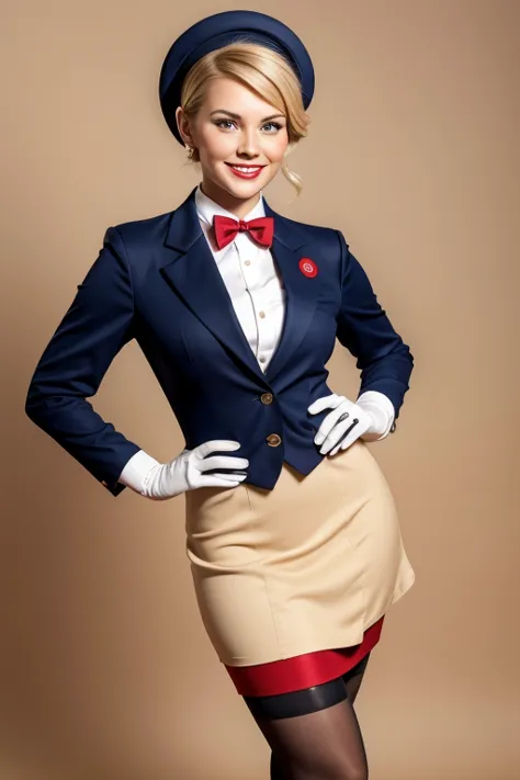 Full-length portrait of a young woman posing with a red suitcase. She is wearing a navy blue flight attendant outfit with a matching hat and a red bowtie. The outfit consists of a short skirt, a blazer, and a pair of white gloves. The woman is also wearing...