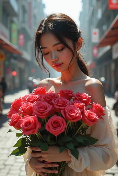 GIRL WITH FLOWERS ON THE STREET 20 ROSES CLOSE FACE THIN BUILD FLOWERS IN HER HANDS 