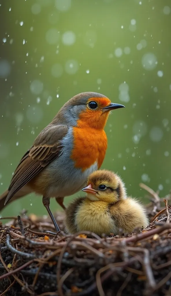 A bright rose-colored robin protecting its chicks with its wings as protection in the nest during a light rain, conveys a sense of protective love and serenity, the blurred green background suggests a forest; visible raindrops; slightly desaturate to impro...