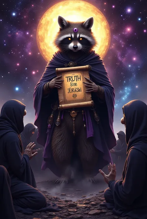 A raccoon prophet floating in a mystical aura, with a third eye glowing on its forehead. It holds an ancient scroll inscribed with 'TRUTH IS IN THE TRASH.' Surrounding it are hooded raccoon followers kneeling in worship. The background is a cosmic space wi...