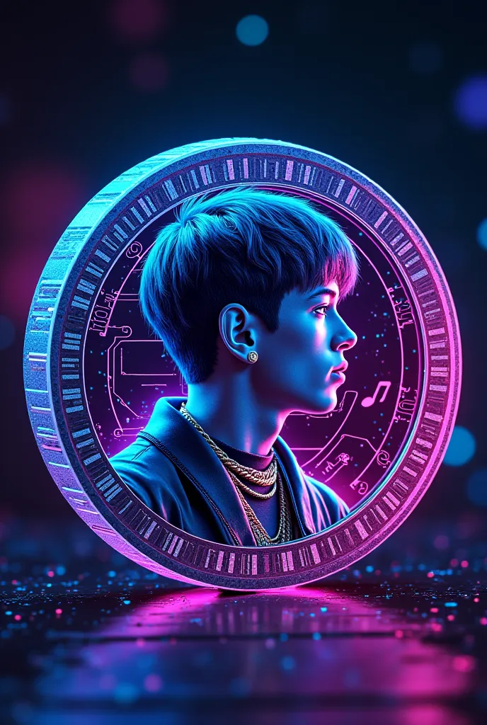 **Prompt:**  

"A futuristic digital coin inspired by Juice WRLD and cryptocurrency. The coin features Juice WRLD’s signature aesthetic—neon colors, a cosmic or dreamy background, and subtle elements like music notes, a microphone, or 999 symbolism. The ed...