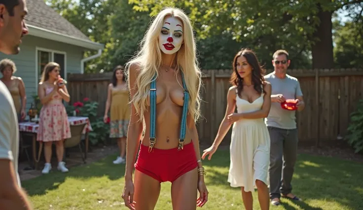 an attractive thin naked female with long blonde hair wearing clown makeup, a revealing clown suit consisting of wide blue suspenders covering her chest, solid red shorts and white running shoes at a backyard party with a man in a grey shirt and dark pants...