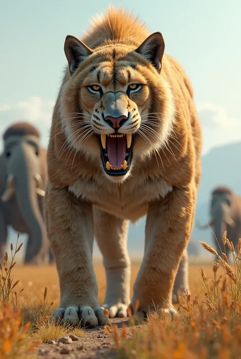 Smilodon
"A highly realistic 3D-rendered image of a Smilodon, the saber-toothed cat, standing in a prehistoric grassland during the Ice Age. The muscular feline has thick golden-brown fur with darker patches and two massive, curved canine teeth protruding ...