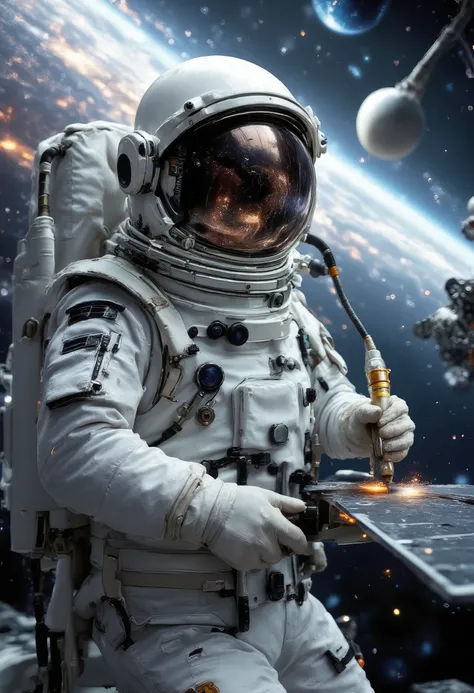 The guy is wearing a Gorgeous Newfangled White Material Suit made of High-strength material with several pockets, Heat-resistant with black lines, in Hand gas welding with a Minimalist light alloy handle, in space , Welds Satellite Wing, Beautiful cosmic ...