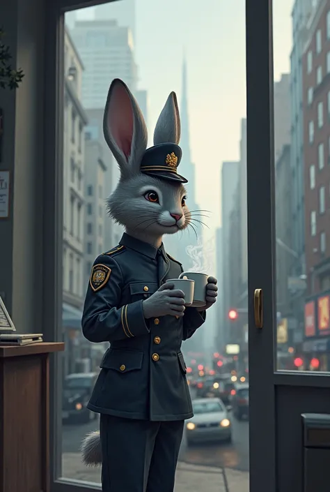 Inside the workroom, at the police station, gray rabbit(in police uniform, police cap head), standing looking at the city through a glass door frame,  holding coffee cups , contemplative appearance.