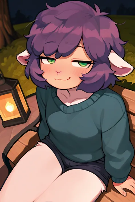 Best quality, ultra-detailed illustration, warm colors, Perfect, (fluffy ram boy:1.4),  white fur , sheep horns, purple hair, green eyes,  female face and body , , disheveled thick hair , short shorts , long-sleeved blue sweater, sitting on a park bench un...