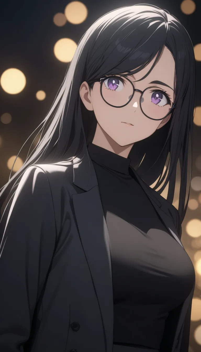 Hizuru Minakata, A beautiful anime-style woman with long flowing shiny black hair, asymmetrical bangs, purple eyes, perfect facial symmetry, breasts, wearing a black jacket, black tank top, black trousers, suit, glasses, black rim glasses, high quality, 8k...