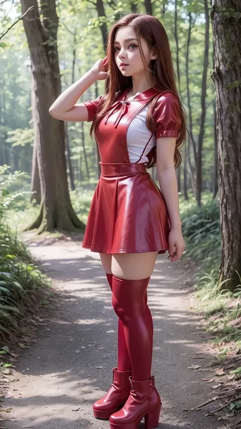  full body  , side view, fitted figure , cute beautiful schoogirl,  beautiful cute  faces with big lips ,  (red   leather skater  pinafore dress),  (blouse short  puffy sleeves),  (red leather short  skater dress),  (red silk pioneer neckerchief),  brunett...