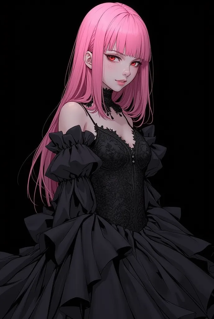 Pink-haired woman she has a big black dress, wallpaper, hd wallpaper, anime, black background ,She is in dynamic poses .
