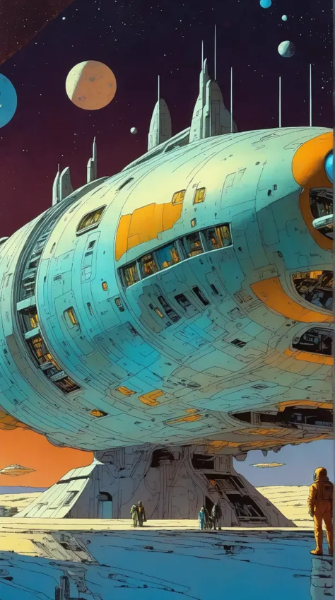 Moebius (Jean Giraud) Style - A picture by Jean Giraud Moebius, Spaceship in deep sky, Science fiction illustrations, Retro-future. Sci-fi illustrations , Impressive retro-future Spaceship, galaxy, Distant nebulas, in Moebius' signature style with sharp de...