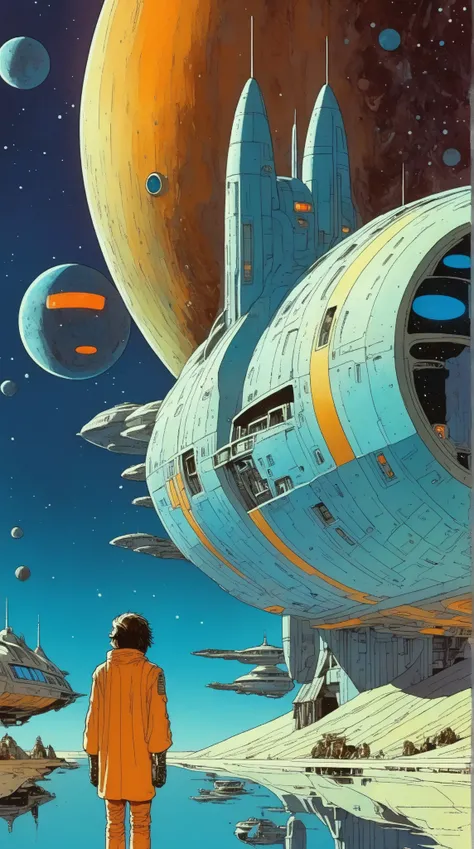 Moebius (Jean Giraud) Style - A picture by Jean Giraud Moebius, Spaceship in deep sky, Science fiction illustrations, Retro-future. Sci-fi illustrations , Impressive retro-future Spaceship, galaxy, Distant nebulas, in Moebius' signature style with sharp de...