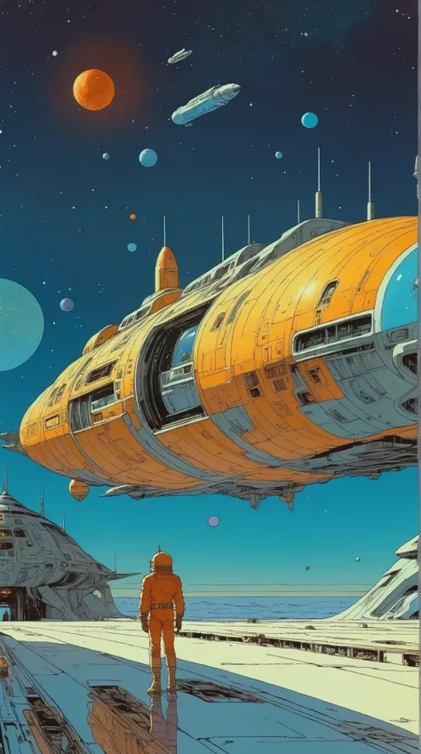 Moebius (Jean Giraud) Style - A picture by Jean Giraud Moebius, Spaceship in deep sky, Science fiction illustrations, Retro-future. Sci-fi illustrations , Impressive retro-future Spaceship, galaxy, Distant nebulas, in Moebius' signature style with sharp de...