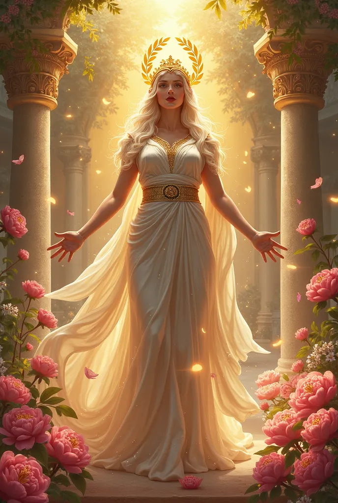 Wallpaper of beautiful and arrogant goddess Athena wearing yellow laurel wreath and surrounding decorated with peonies and lucky treasures